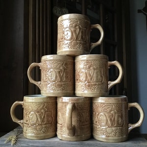 Hippie “LOVE” Set of Handmade and Signed Ceramic Coffee Mugs, Vintage.