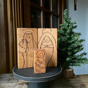 Hand Carved, Wooden Blocks,  Nativity Scene, Jesus, Mary, and Joseph