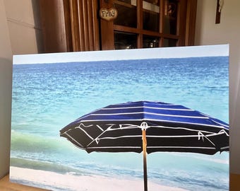 Blue Striped Beach Umbrella Canvas Print, Coastal Photography, 12x18