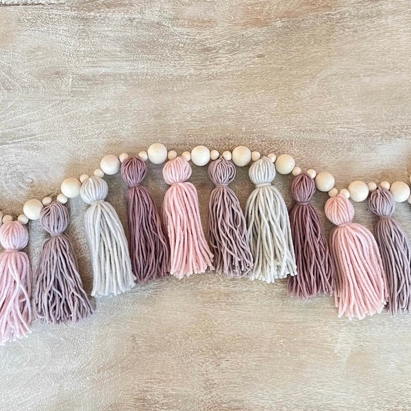 Blush Boho Yarn Tassel Garland with Natural Wood Beads