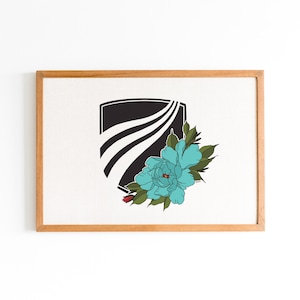 May include: A framed art print featuring a black and white emblem with curved lines, and a large turquoise peony with green leaves. The artwork is set against a white background and framed in natural wood.