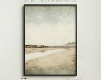 Horizon côtier tranquille | Art minimaliste de paysage de plage |  Art vintage neutre en téléchargement numérique #0068