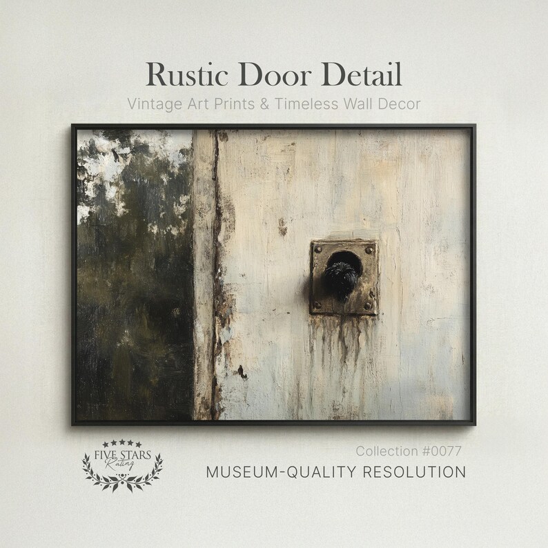 Peut inclure: Impression d'art encadr&eacute;e intitul&eacute;e "Rustic Door Detail". L'&oelig;uvre pr&eacute;sente un gros plan d'une porte patin&eacute;e avec une poign&eacute;e en m&eacute;tal. La palette de couleurs comprend des nuances de blanc, de marron et de vert, avec le texte "Vintage Art Prints & Timeless Wall Decor."