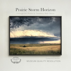 May include: Framed print titled "Prairie Storm Horizon" featuring a dramatic prairie landscape under a stormy sky. The artwork showcases a vast field of golden grass beneath a dark, ominous cloud formation. The print is labeled as vintage art with museum-quality resolution.