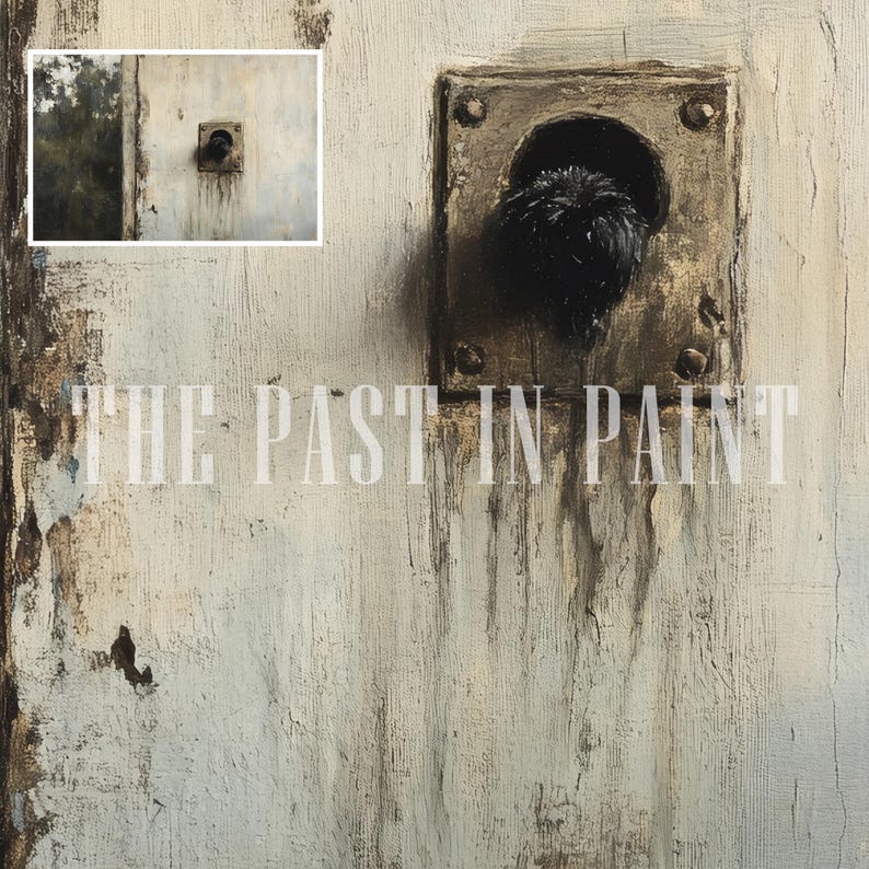 Peut inclure: Peinture textur&eacute;e et vieillie repr&eacute;sentant une porte avec une poign&eacute;e sombre et orn&eacute;e. Le texte "THE PAST IN PAINT" est visible. La palette de couleurs comprend des nuances de blanc, de marron et de noir, cr&eacute;ant une esth&eacute;tique vintage.