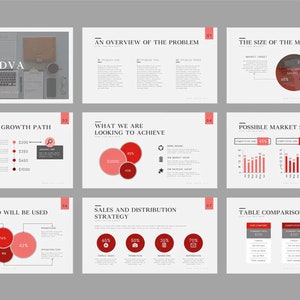 May include: A presentation slide deck with a red and white color scheme. The slides contain charts, graphs, and text about a business plan. The title of the presentation is "JEDVA".