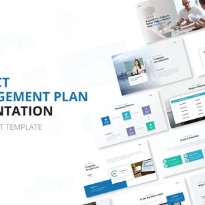 May include: A PowerPoint presentation template for project management plans. The template includes slides for company introduction, planning process, project planning, project timeline, and more. The slides are designed in a modern and professional style with blue, green, and white colors.