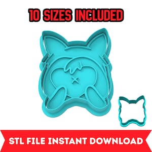 Puede incluir: Un cortador de galletas de plástico turquesa con forma de trasero de perro, con un cortador más pequeño a juego a la derecha. El texto "10 SIZES INCLUDED" está en rojo, y "STL FILE INSTANT DOWNLOAD" en blanco sobre una pancarta roja.