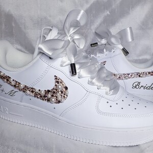 Custom Nike Air Force 1 AF1 Bridal Wedding Shoes Swarovski Crystals Pearls Rhinestone Personalized Name Date Satin Laces White Comfort Dance