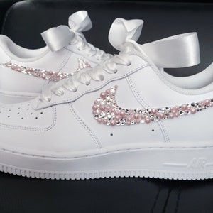 Custom Nike Air Force 1 AF1 Bridal Wedding Shoes Swarovski Crystals Pearls Rhinestone Personalized Name Date Satin Laces White Comfort Dance