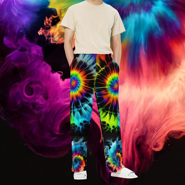 Comfy Black Pants with Rainbow Tie Dye Designs - Unisex Lounge Wear