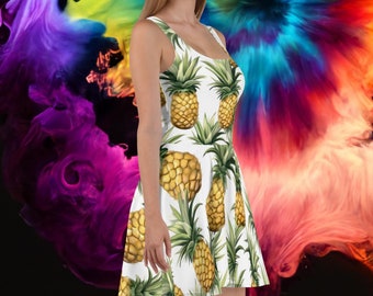 Women’s White Pineapple Print Casual Summer Skater Dress