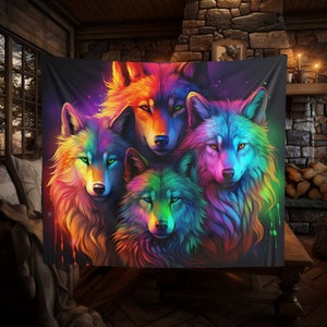 Breath- Taking Rainbow Wolf Family Wall Tapestry - Beautiful and Vibrant