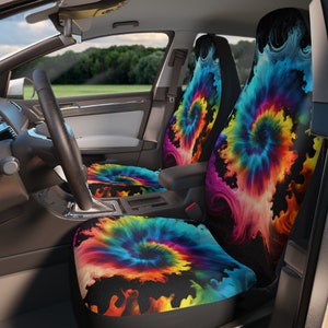 Rainbow Hippie Boho Tie Dye Car Seat Covers Two Piece Set - Vibrant Spiral Design
