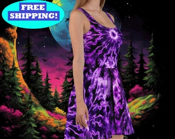 Purple Tie Dye Skater Dress, Athletic Dress for Summer or Spring, Witchy Boho Dress