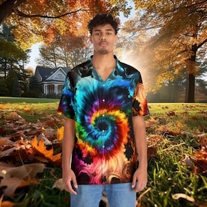 Rainbow Tie Dye Button Up Shirt - Smoky Swirls on Black Background