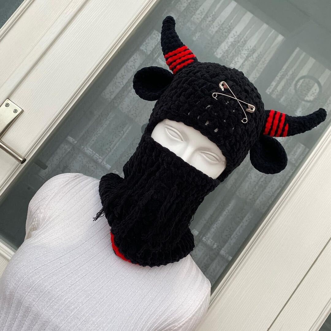 Devil Balaclava. Handmade Ski Mask. Black and Red Winter Hat. Etsy