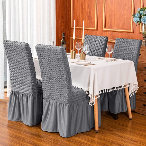 Housses de chaise en crêpe à jupe pour salle à manger et salon, housses de chaise de salle à manger amovibles et lavables en spandex à haute élasticité