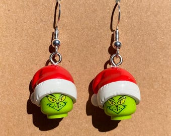 Grinch Stole Christmas movie earrings with green head, Handmade with Lego® bricks • Christmas Gifts