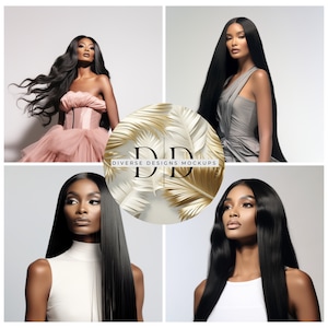 May include: Four women with long black hair wearing different outfits. The women are standing in front of a white background. The image includes the text "Diverse Designs Mockups".