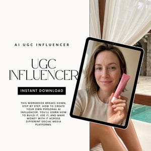 Puede incluir: Una tableta digital muestra a una mujer sosteniendo un tubo rosa de producto. La pantalla de la tableta muestra el texto "AI UGC INFLUENCER" y "UGC INFLUENCER" con "INSTANT DOWNLOAD" debajo. El texto explica cómo crear un influencer de IA.