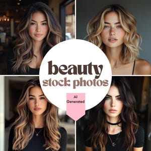 May include: Four images of women with different hairstyles. Each woman is wearing a black shirt and has long, wavy hair. The text "beauty stock photos" is superimposed on the images.