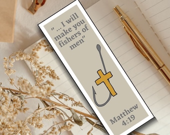 May include: A grey bookmark with a gold cross on a fishing hook. The text on the bookmark reads "... I will make you fishers of men" and "Matthew 4:19".