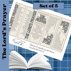 May include: Set of five printable bookmarks featuring the Lord's Prayer in a traditional style. The bookmarks are beige with gray text and a gray border. The text is centered on each bookmark and includes the words "The Lord's Prayer".