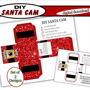 May include: Printable DIY Santa Cam craft template. Two designs are included: one with a red glitter background and one with a black and white design. Instructions include cutting, folding, and gluing to create a cube.