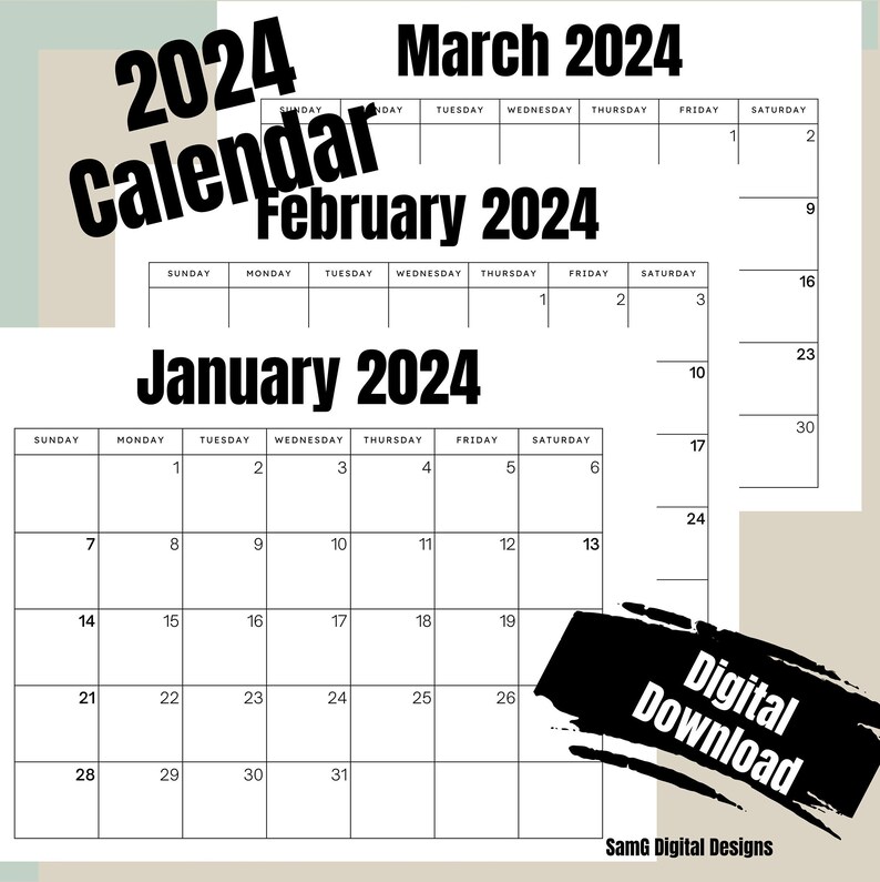 Printable Calendar 2024 Monthly Wall Calendar, Fridge Calendar, 2024