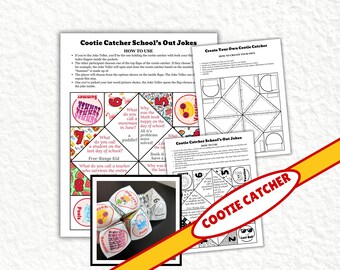 May include: A printable cootie catcher game with school-themed jokes. The cootie catcher is folded into a pyramid shape with six flaps. Each flap has a different color and a different joke written on it. The game is designed to be played by two or more people.