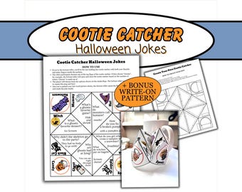 May include: A Halloween-themed Cootie Catcher with jokes, a bonus write-on pattern, and a blank template. The Cootie Catcher is folded and placed on a white mug. The text includes "Cootie Catcher Halloween Jokes".