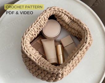 Crochet Bubble Pouch Pattern PDF + Video, T-Shirt Yarn Makeup Bag Tutorial, Beginner Friendly