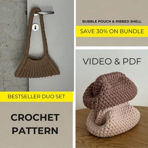 May include: A brown crochet handbag hangs on a door handle. The bag has a wide, open design with a long strap. A matching crochet clutch sits on a wooden surface. The text reads "BESTSELLER DUO SET", "CROCHET PATTERN", "BUBBLE POUCH & RIBBED SHELL", "SAVE 30% ON BUNDLE", and "VIDEO & PDF".