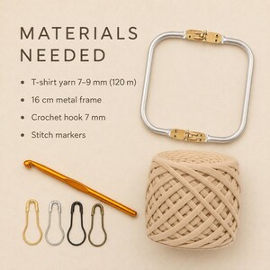 Materials needed for a crochet pouch project with purse frame, chunky yarn, crochet hook and stitch markers.