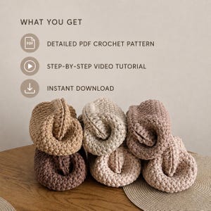 Pattern overview graphic showing four finished crochet pouches and what is included in the tutorial.