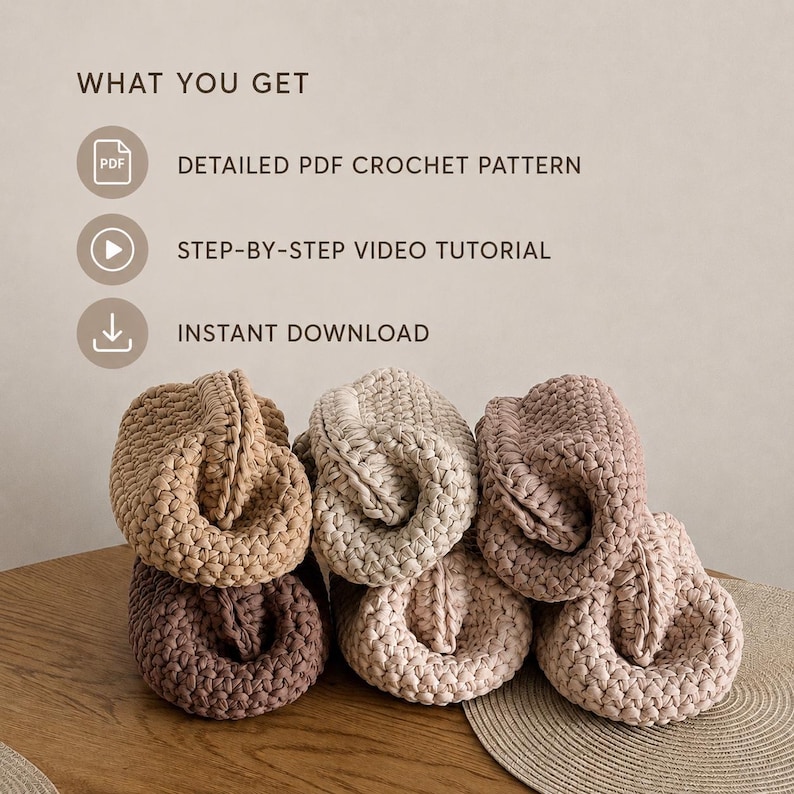 Pattern overview graphic showing four finished crochet pouches and what is included in the tutorial.