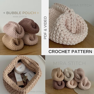May include: Image features several handmade crochet pouches in various shades of beige and pink. The text "< BUBBLE POUCH >" and "CROCHET PATTERN" are visible. The pouches are displayed in different arrangements, showcasing their unique design.