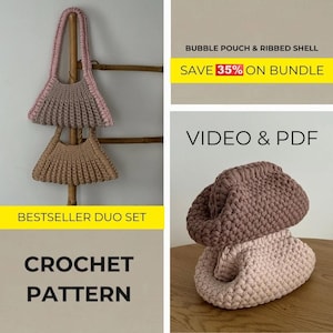 May include: Two crochet handbags in beige and pink, displayed on a wooden stand. The bags have a ribbed texture and a unique shape. The image also shows a crochet bubble pouch and ribbed shell. Text on the image says "BESTSELLER DUO SET" and "CROCHET PATTERN."