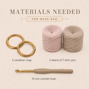 Materials needed for Muse crochet bag pattern, T-shirt yarn, crochet hook, stitch markers, and tools for a structured handbag