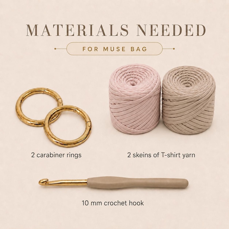 Materials needed for Muse crochet bag pattern, T-shirt yarn, crochet hook, stitch markers, and tools for a structured handbag