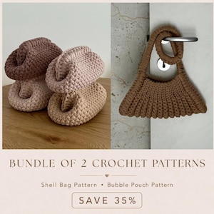 May include: A bundle of two crochet patterns featuring a shell bag and a bubble pouch. The image displays three textured, rounded crochet pouches in shades of brown and beige, alongside a brown crochet handbag with a thick handle.
