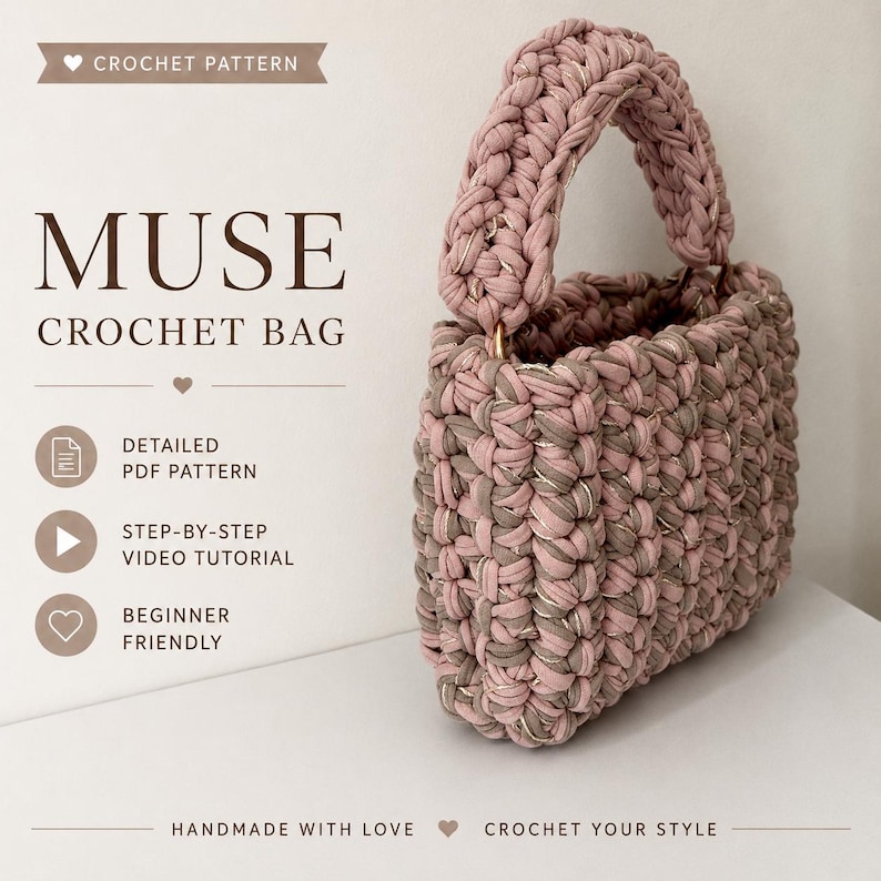 Muse crochet bag pattern PDF and video tutorial, structured handmade handbag design with materials and finished size information