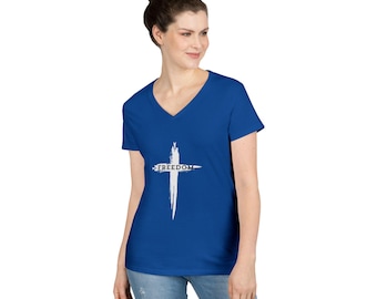 Freedom Cross Women's V-Neck T-Shirt | Christian Cross Faith Tee