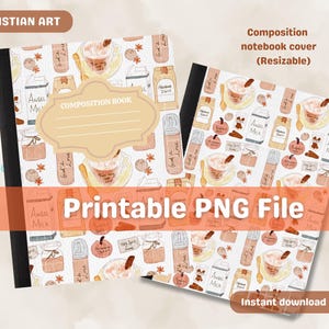 Puede incluir: Dos cuadernos de composición con un patrón repetido de tazas de café, botellas de leche y palitos de canela. Los cuadernos tienen el texto "Printable PNG File" y "Instant download". La esquina superior izquierda tiene el texto "CHRISTIAN ART".