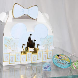 Custom Gable Treat Boxes Blue Gold White Yellow Party Favor Boxes for Birthday Baby Shower Theme Park Inspired Magical Celebration Gable Box