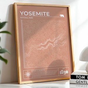 Póster con mapa del Parque Nacional de Yosemite, impresión de topografía de contorno, arte natural motivacional para caminatas, regalo de aniversario de cumpleaños para él y su papá