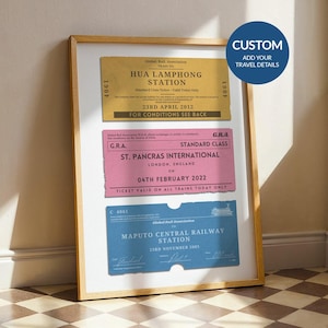 May include: Framed print featuring three vintage-style train tickets in yellow, pink, and blue. The tickets display station names, dates, and the text "CUSTOM ADD YOUR TRAVEL DETAILS". The frame is a light wood color.