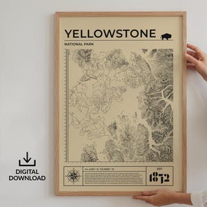 Póster digital del Parque Nacional de Yellowstone, mapa, impresión topográfica de contorno, arte natural para motivar al senderismo, regalo de cumpleaños y aniversario para papá.