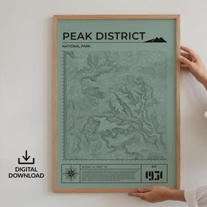 Póster digital del Parque Nacional Peak District, mapa, impresión topográfica de contorno, arte natural para motivar el senderismo, regalo de cumpleaños y aniversario para papá.